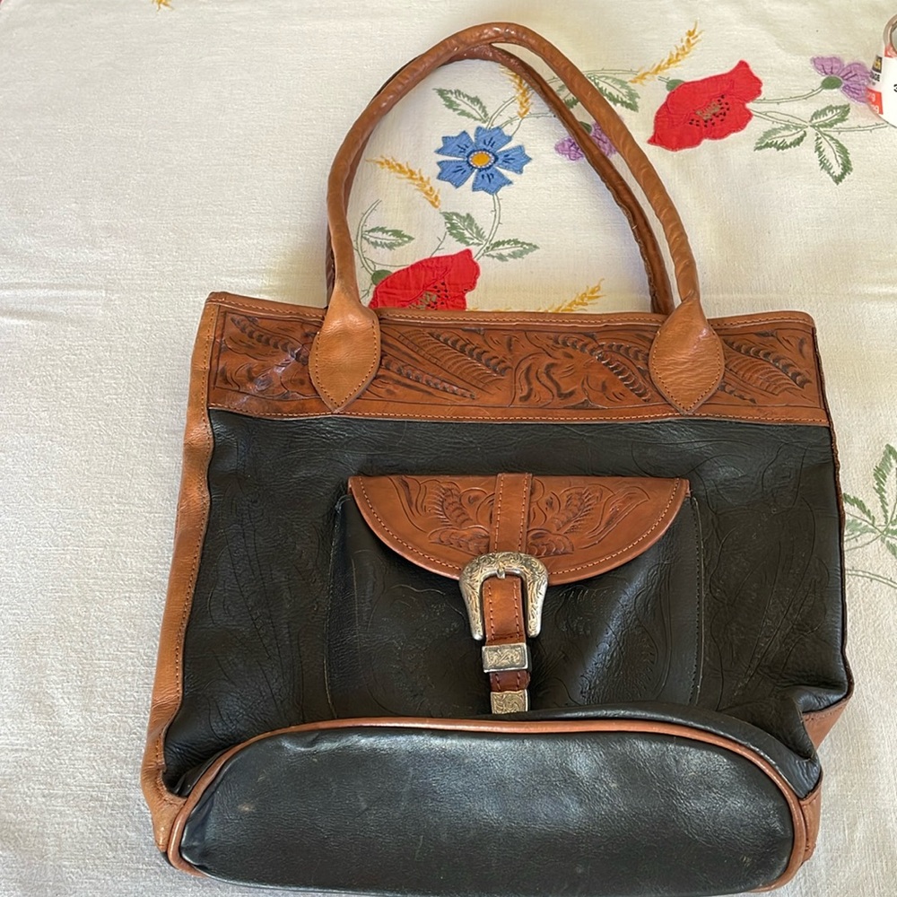 Force Ten West vintage handmade two toned tooled leather shoulder bag